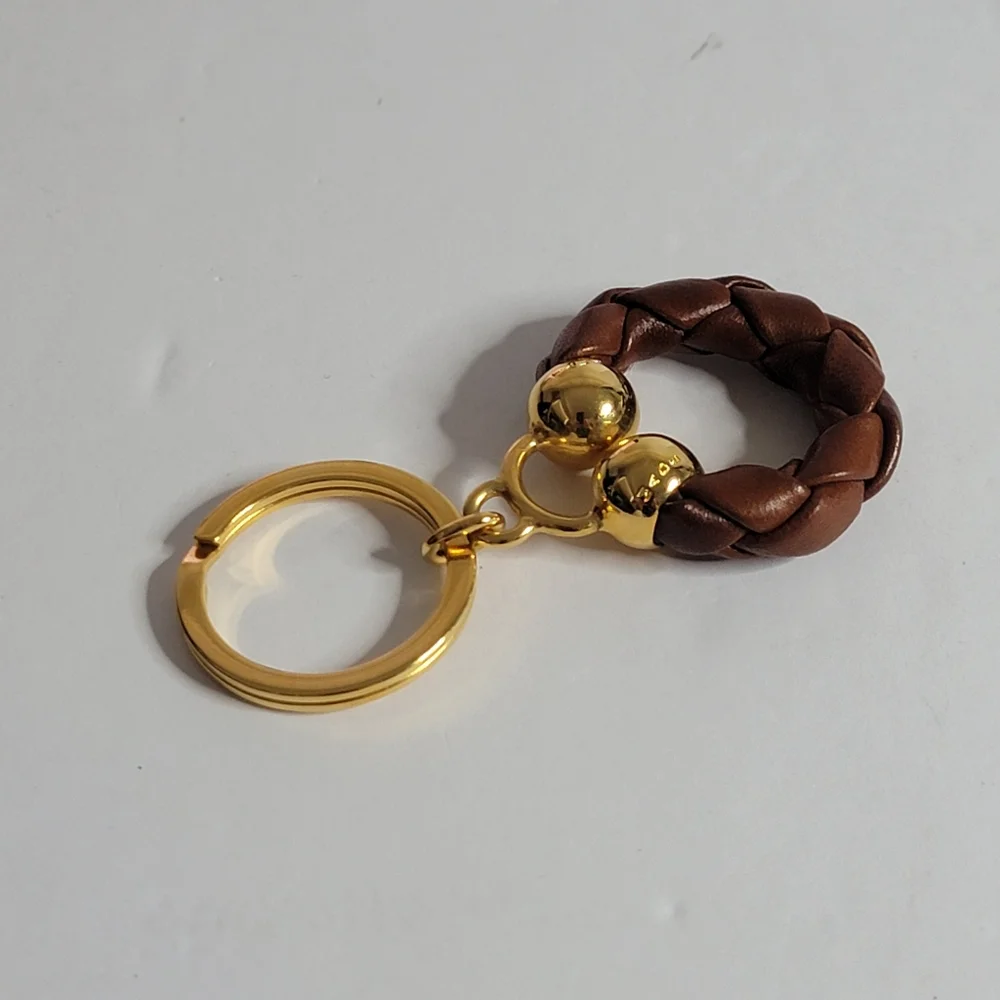 BOTTEGA VENETA Leather Braided Gold Tone Key Ring